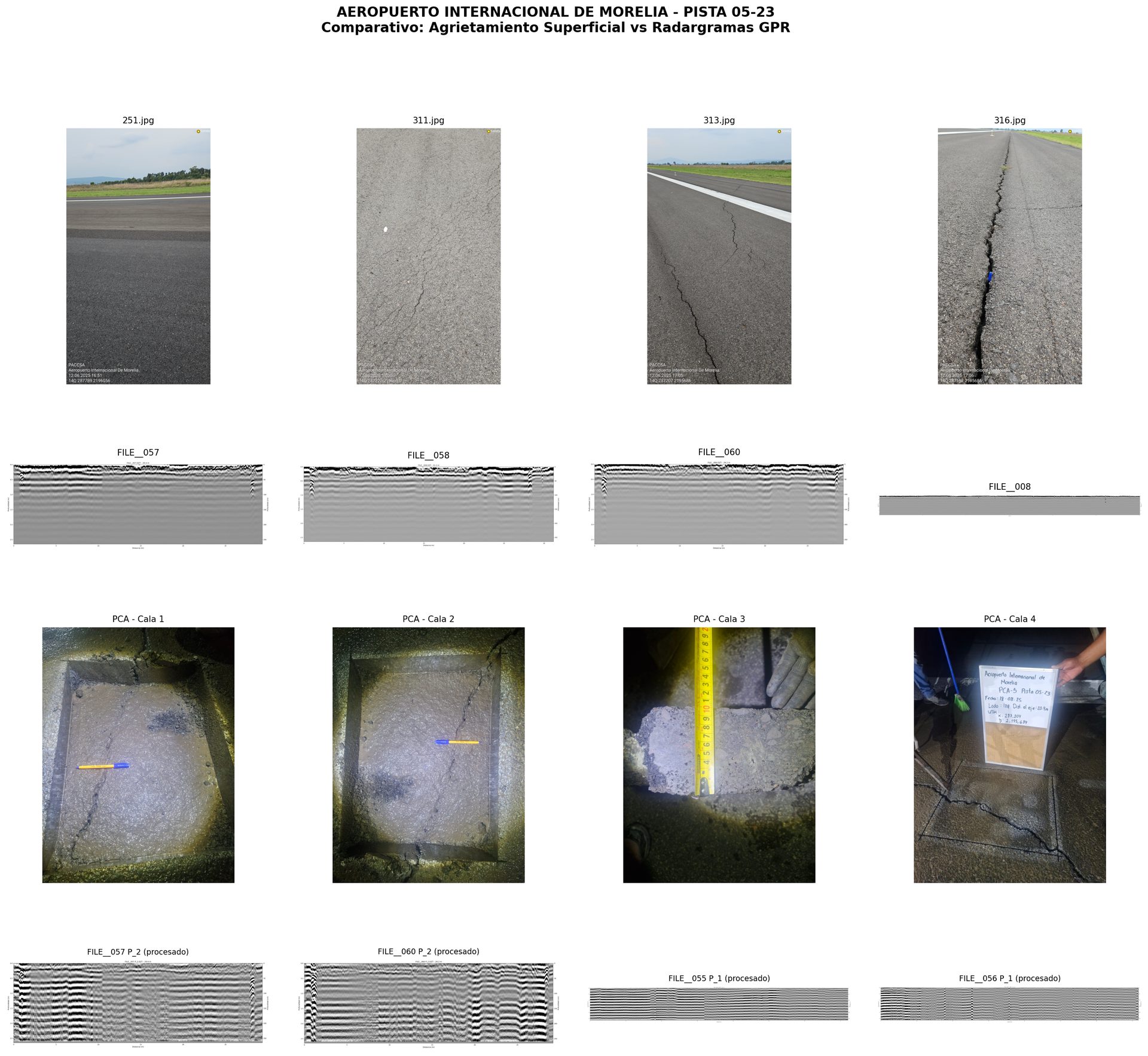 Mosaico comparativo: fotos de superficie, radargramas GPR, calas de verificación en pista aeroportuaria